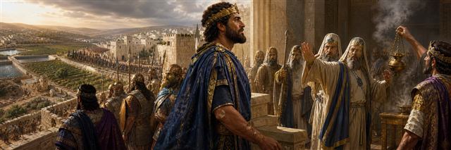Temple priests confronting proud King Uzziah as he approaches the incense altar